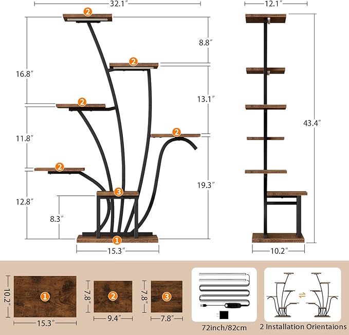 Plant Stand Indoor with Grow Lights - 7 Tiered Corner Plant Shelf Indoor, 43" Tall Plant Stands for Indoor Plants, Metal Plant Shelves, Flower Plant Holder for Living Room, Balcony, Patio Decor