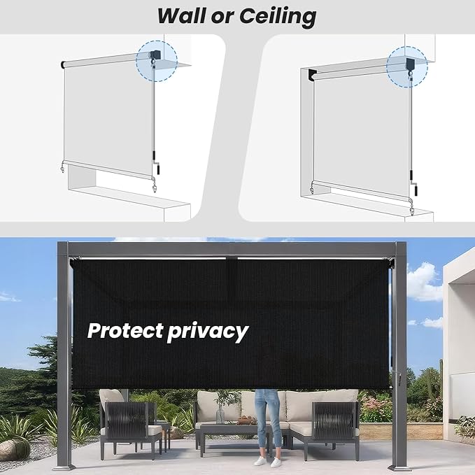 8'W x 6'H Black Patio Shades Roll up Outdoor Roller Shade Crank Wand Blind - Image 6