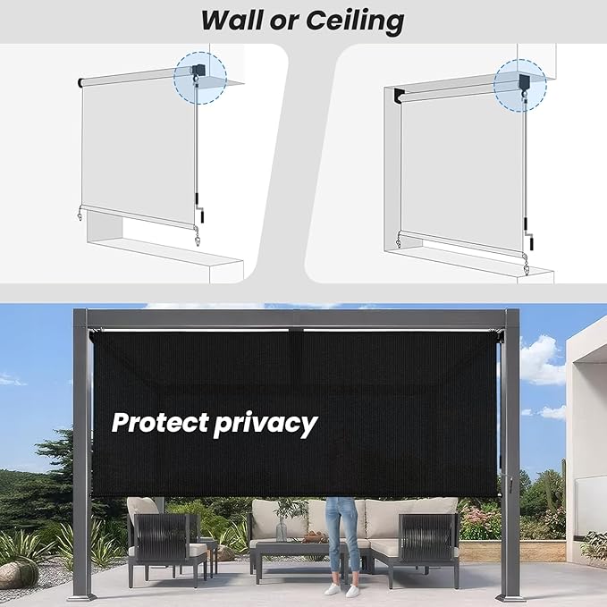 Custom Size Black Patio Shades Roll up Outdoor Roller Shade Crank Wand Blind - Image 4