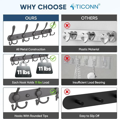 TICONN Wall Mounted Coat Rack, Five Heavy Duty Tri Hooks All Metal Construction - Image 3