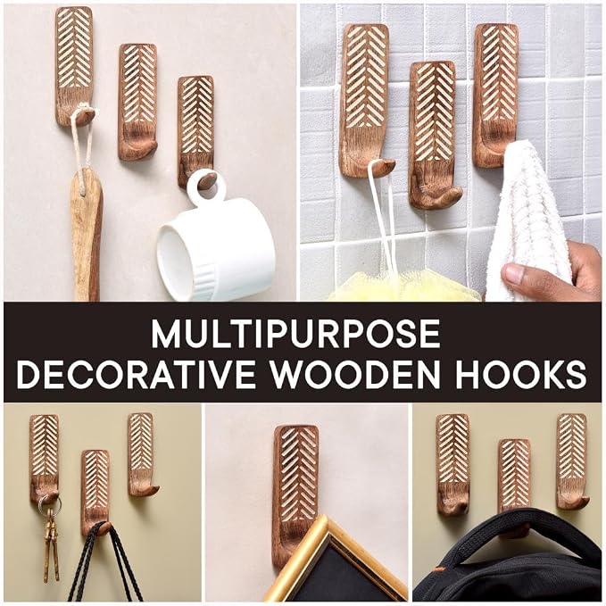 IndianShelf 10 LB- 12 Pieces Decorative Wood Adhesive Wall Hooks–Boho Peel and - Image 6