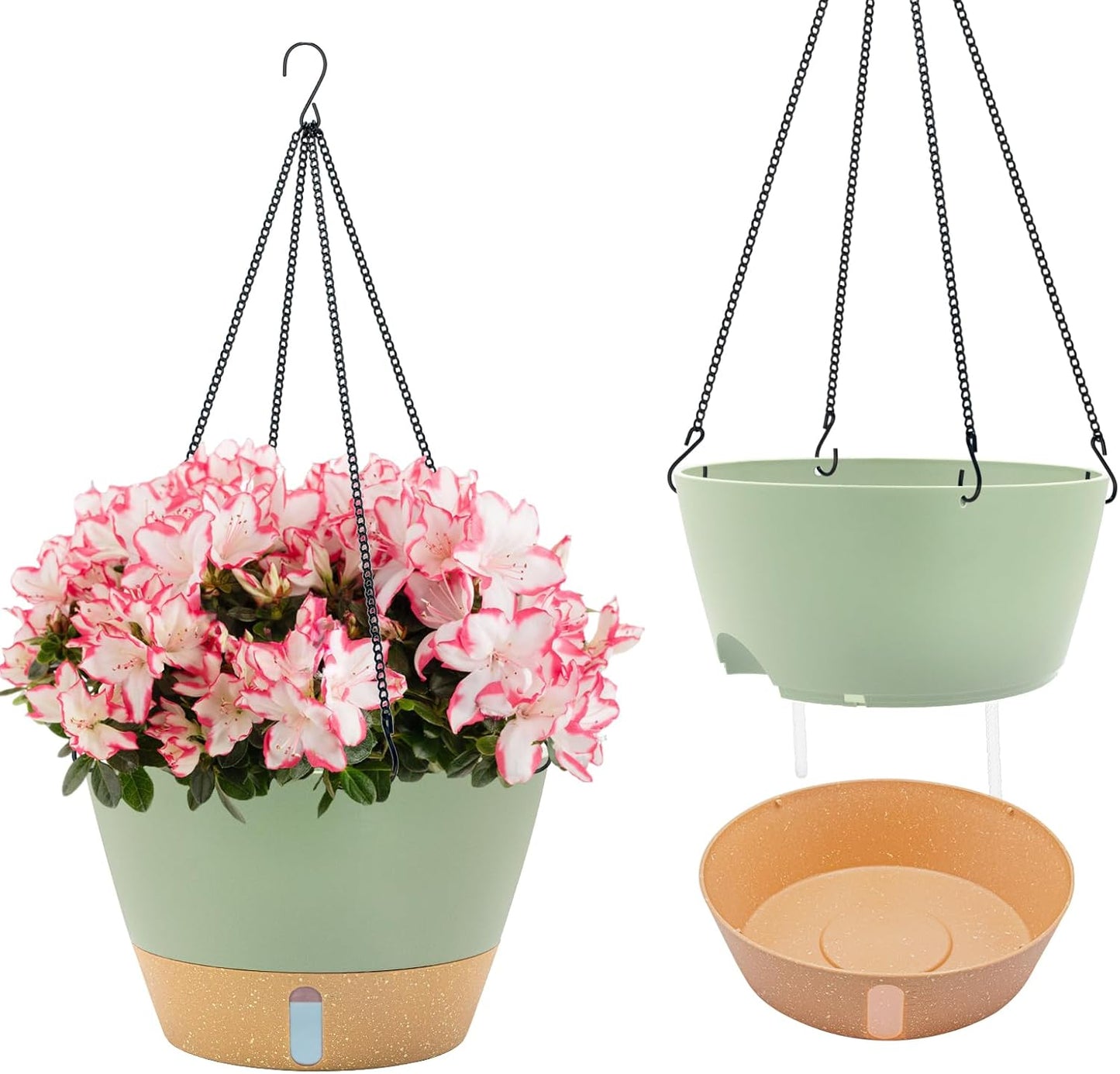 ZMTECH 12 Inch Large Hanging planters for Indoor, 2 Pack Self Watering Plant Pot for Outdoor Garden Porch, Hanging Flower Pot with Visible Water Level & Removable Tray(12Inch, Green)