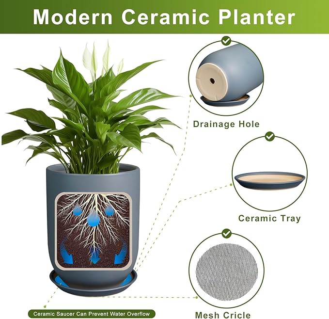 Pots for Plants 12 Inch - Ceramic Planter for Indoor Outdoor Plants Large Plant Pot with Drainage Hole and Saucer Outdoor Flower Pot Gray