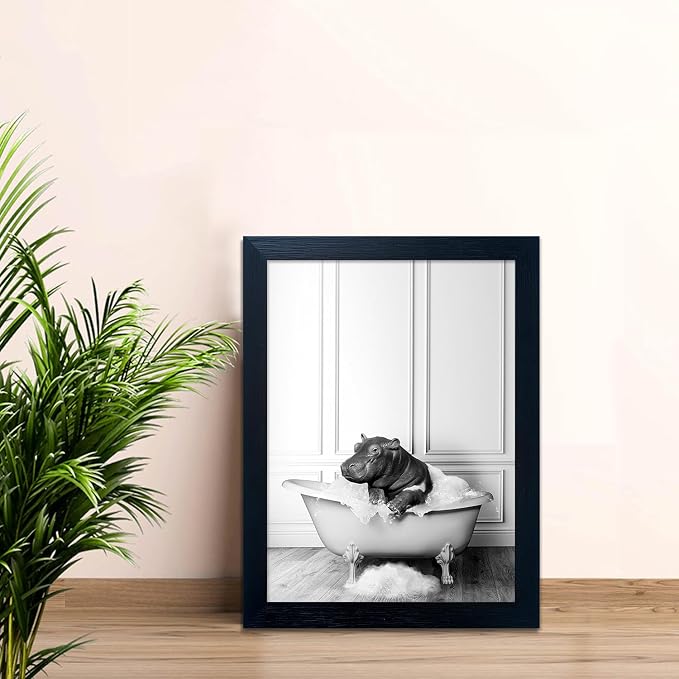 Black and White Bathroom Wall Decor Funny Hippo in Bathtub Wall Art Framed - Image 8