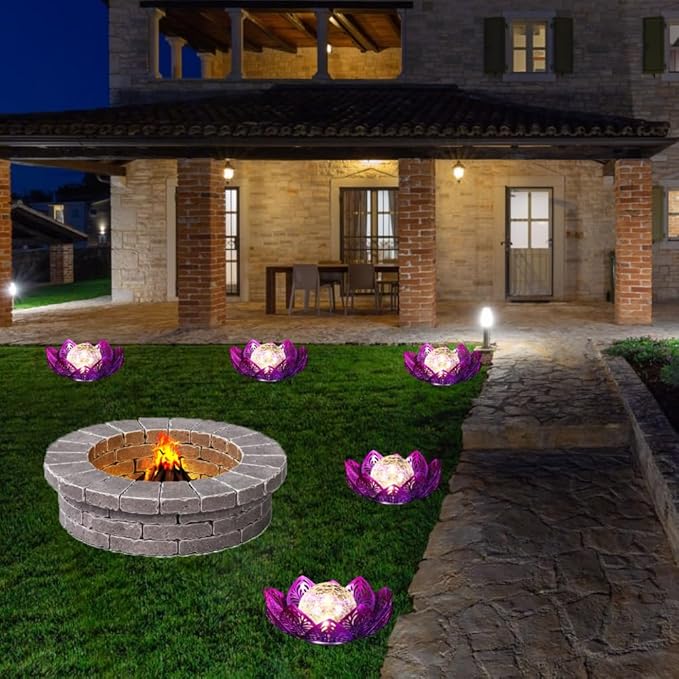 12 inches Solar Lights Outdoor Garden, Crackle Globe Glass Lotus Decoration, Waterproof LED Metal Flower Lights for Patio,Lawn,Walkway,Tabletop,Ground Gardening Gifts (Purple Hollow)