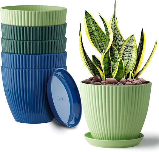 6 Pack Plant Pots with Drainage Holes and Saucers 6 Inch Plastic Planter with 3 Colors Indoor and Outdoor Flower Pots