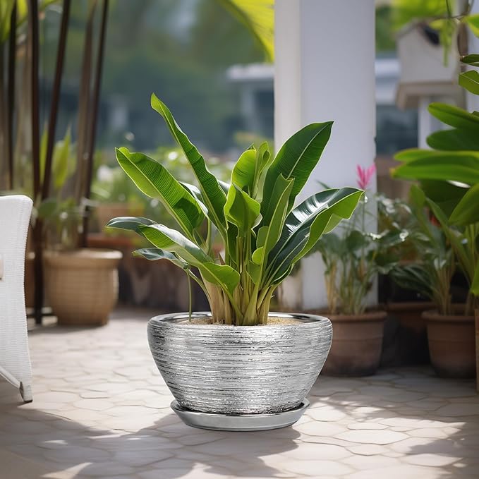 Flower Pot for Indoor Plants - Ceramic Planter 13 Inch Plant Pot with Drainage Hole and Saucer Large Decorative Planter Outdoor Mid-Century Planter for House Decor Silver