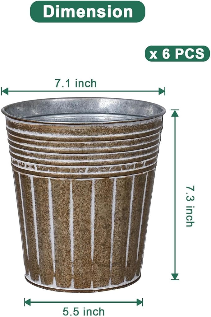 vensovo 7 Inches Brown Metal Rustic Flower Pots - 6 Pcs Medium Galvanized Planters with Drainage Hole and Rubber Plug, Rustproof Tin Bucket Plant Pot Farmhouse Vintage Style for Decor