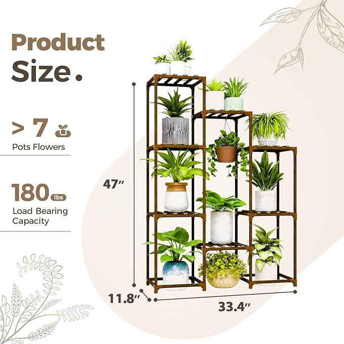 Bamworld Plant Stand Indoor Hanging Plants Shelf 7 Pots Tall Ladder Plant Holder Large Wood Flower Stand for Living Room Rack Multiple Plants for Patio Balcony Garden