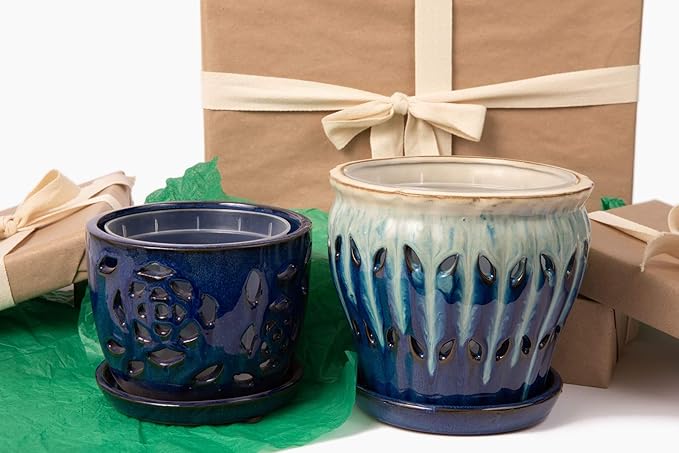 rePotme Orchid Pot - 5 inch Floral Cutout Ceramic Orchid Pot with Holes (Midnight Blue) - Includes Matching 5 inch Slotted Pot Liner