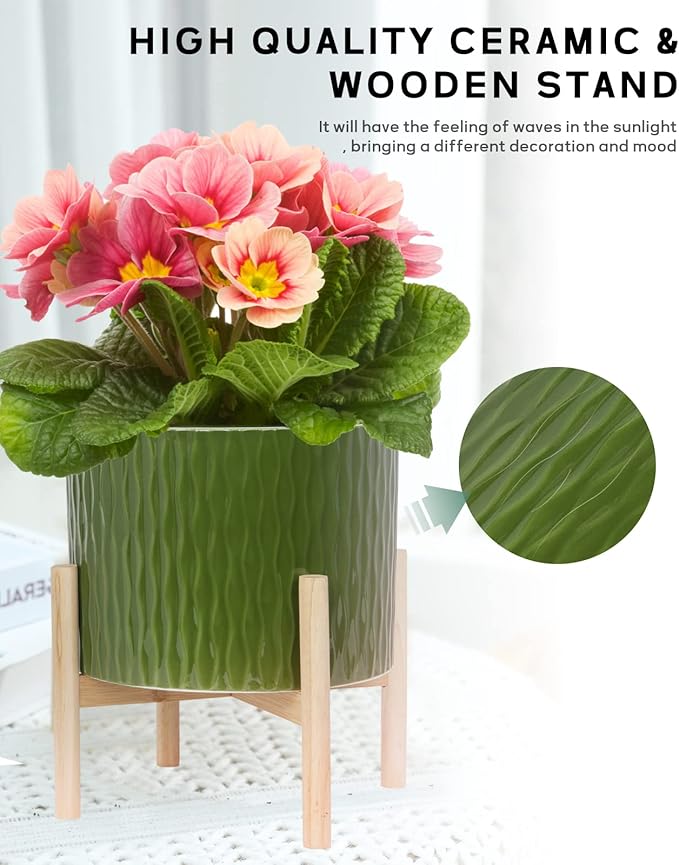 LaDoVita Ceramic Plant Pot with Stand, 10 Inch Planter with Wood Shelf, Modern Round Flower Pots Indoor with Wood Planter Holder, Dark Green Water Ripple Pattern