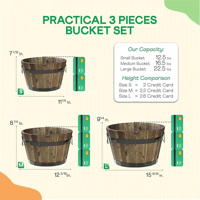 IDZO Set of 3 Wooden Flower Planters for Outdoor Plants, Acacia Wood Barrel Planters, Ergonomic Handles, Drainage Holes, Various Sizes, Black