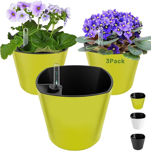 Self Watering Planters for Indoor Plants 7 inch Flower Pot with Water Level Indicator Lemon Green 3 Pack African Violet Self Watering Pots for All Orchid Agave