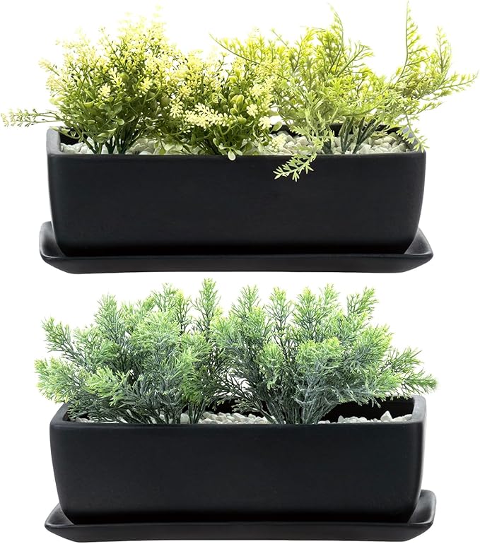 MyGift Matte Black Ceramic Indoor Plant Pot Succulent Planter, Decorative Flower Planter with Drainage Hole and Removable Tray (14 inch - 2 Pack)