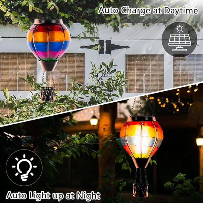 2 Pcs Hot Air Balloon Solar Lantern, Unique Solar Hot Air Balloon with Flame, Hanging Outdoor Lanterns Waterproof Decor for Patio, Garden, Porch