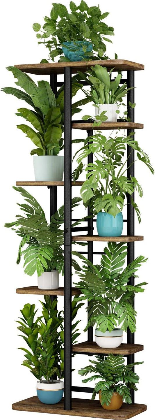 LINZINAR Plant Stand 7 Tier 8 Potted Multiple Flower Pot Holder Shelf Indoor Outdoor Planter Rack Storage Organizer for Patio Garden Corner Balcony Living Room (7 Tier-8 Potted, Black)