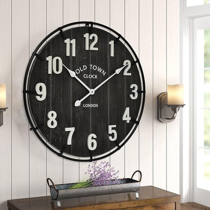 EMAX HOME Large Old Town Farmhouse Black Wall Clock 24 Inch Rustic Antique Wood - Image 7
