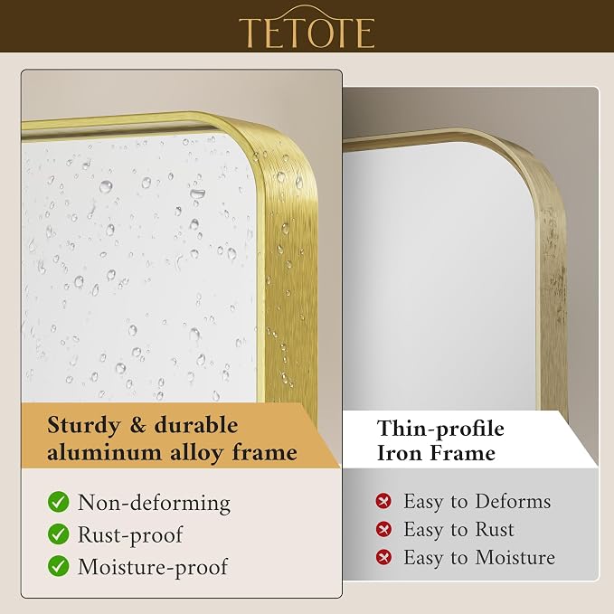 TETOTE 48 x 24 Inch Brushed Gold Frame Mirror, Brass Bathroom Vanity Mirror - Image 3