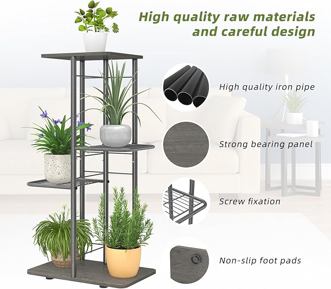 Simple Trending Plant Stand Shelf Indoor Outdoor Waterproof, 4-Tier 5 Potted Heavy Duty Metal Tall Flower Holder for Multiple Corner Display