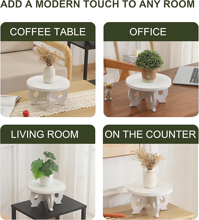 Small Plant Stand Kitchen Display Stand 10 inch Plant Holder Plant Stool Round Stand Risers Farmhouse Rustic Balcony Decor Pedestal Board Washed White