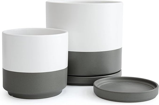 D'vine Dev 6 Inch & 8 Inch Ceramic Planter Pots for Plants with Drainage Hole and Saucer, Medium Plant Pots Set, White/Speckled Grey, 94-G-M-6