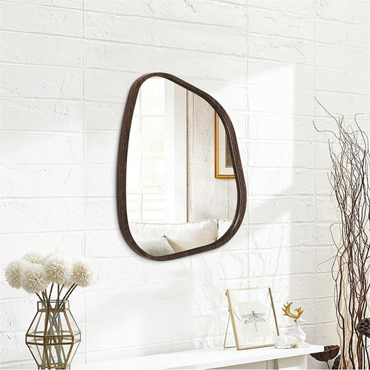 Irregular Wooden Framed Wall Mirror Modern Oval Asymmetrical Unique Hanging - Image 2