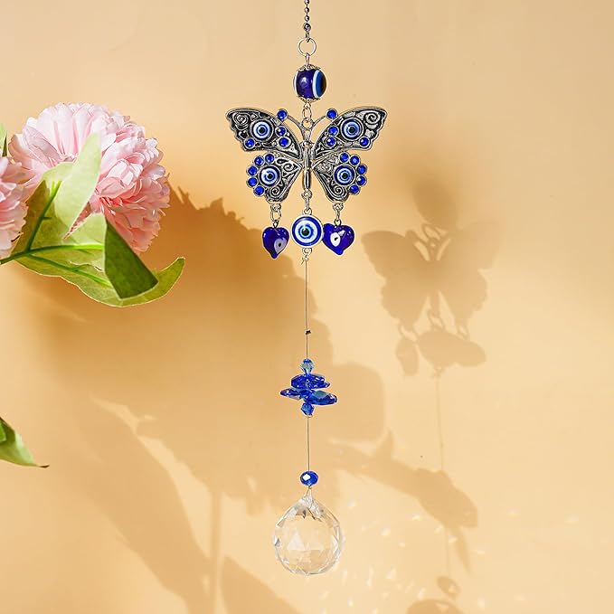 Turkish Blue Evil Eye Butterfly Wall Hanging with Crystal Suncatcher Ornament for Home Decor Protection Good Luck Blessing Housewarming Birthday Gift