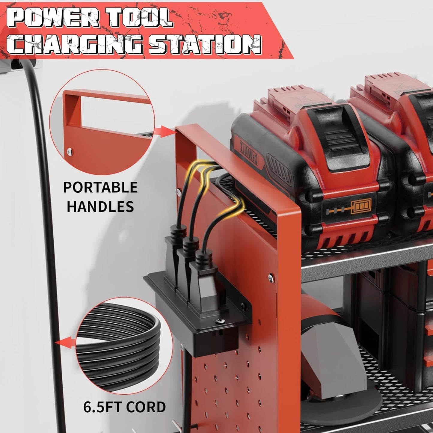 Power Tool Organizer with Charging Station Wall Mount, 3 Layer Expanded Heavy Duty Garage Organization, 48.8 Inch Length Garage Tool Storage, 4 Drill Slot, 16" Standard Hole, Red