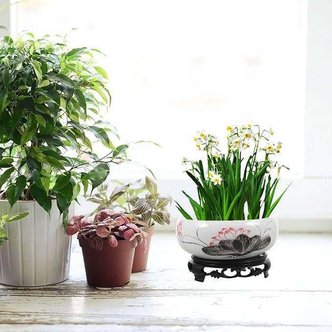 Ceramics Water Lily Bowl with Stand Chinese Style Hydroponic Planter Pot Round Narcissus Flowerpot Bonsai Daffodil Planting Container Garden Decoration 7 Inch