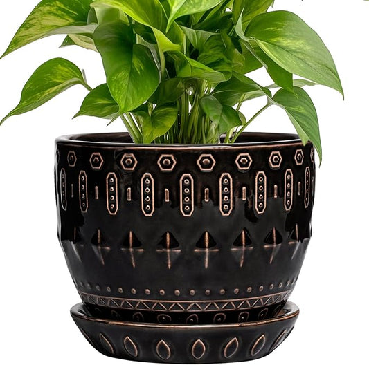 G EPGardening Ceramic Pot for Plants 5.5 Inch - Ceramic Plant Pot Indoor with Drainage Hole and Saucer, Round Boho Planter for Indoor Plants Outdoor, Housewarming Gifts, Garden Office Decor, Black