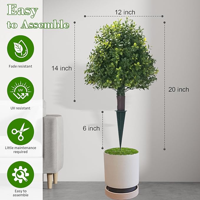 Artificial Boxwood Ball Trees with Ground Spike, 20" UV Resistant Artificial Shrubs, Fake Evergreen Artificial Plant Brush for Indoor Outdoor Front Porch Garden, 1 Pack