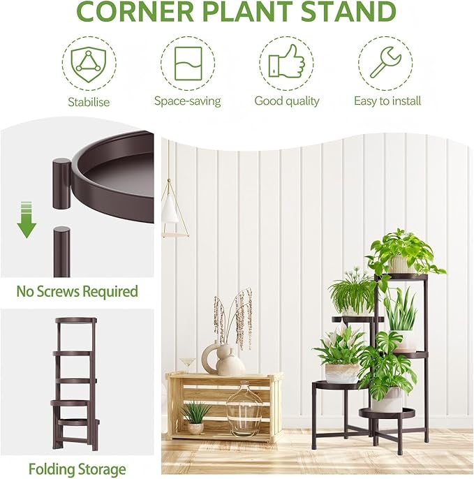 iDavosic.ly 5 Tier Large Plant Stand Indoor, 10 Inch Wide Tall Corner Metal Plant Stands Outdoor for Multiple Plants, Folding Tiered Flower Display Holder Rack Shelf, Violet Bronze