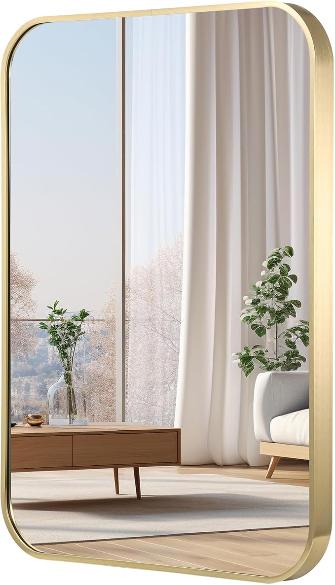 40x30 Inch Gold Bathroom Mirror, Brushed Gold Metal Framed Rectangular Mirror by JENBELY