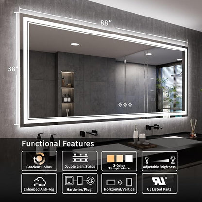Bathroom Mirrors for Wall, 88x38 Inch Gradient Front and Backlight Big Lighted - Image 2