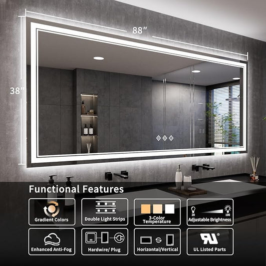 Bathroom Mirrors for Wall, 88x38 Inch Gradient Front and Backlight Big Lighted - Image 2
