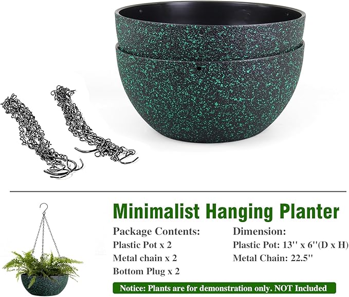 13inch Large Hanging Planters Pots for Outdoor Indoor Plants with Drainage Holes and Chain, 2pack Round Hanging Flower Pots for Garden Home Porch Decor, Black with Green Speckles