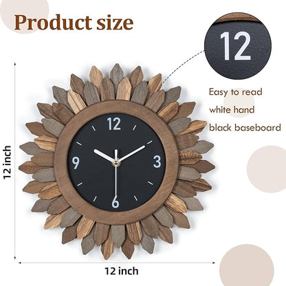 Honiway Wall Clock Battery Operated 12 in Rustic Wood Boho Sunburst Decorative - Image 3