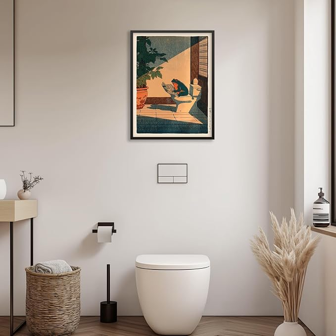 Vintage Japanese Black Framed Wall Art Funny Frog Bathroom Canvas Print Cute - Image 5