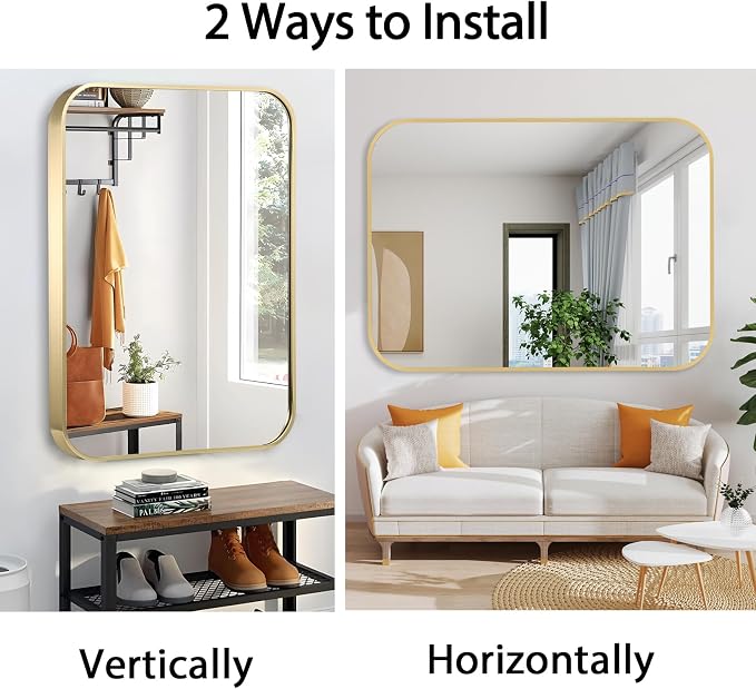 26x38 Inch Gold Bathroom Mirror, Brushed Brass Gold Metal Framed Rectangular - Image 6