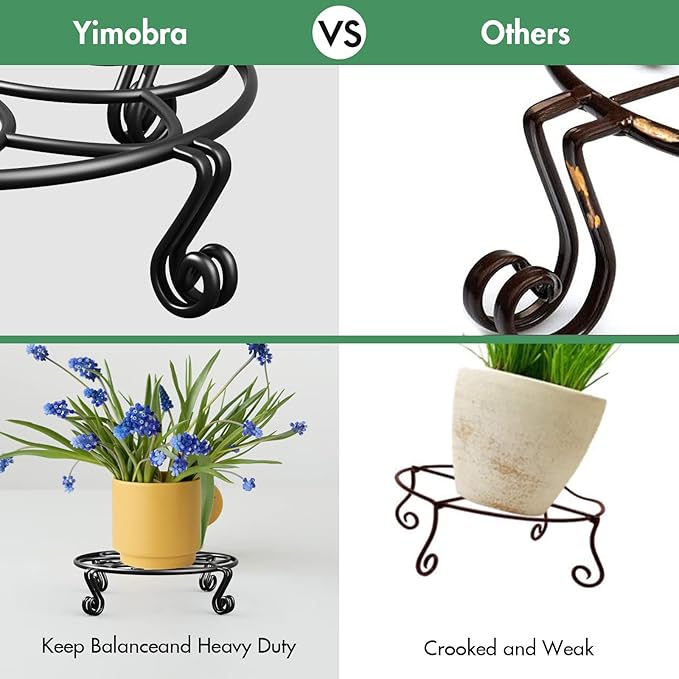 Yimobra 2 Pack Plant Stand for Flower Pot Heavy Duty Potted Holder Indoor Outdoor Metal Rustproof Iron Garden Container Round Supports Rack for Planter (10.2 Inches, Black)