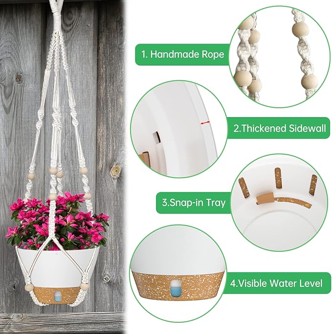 ZMTECH 2 Pack 10 Inch White Hanging Planters with Macrame Plant Hanger for Indoor and Outdoor Plants, Self Watering, Drainage Hole, Visible Level Tray