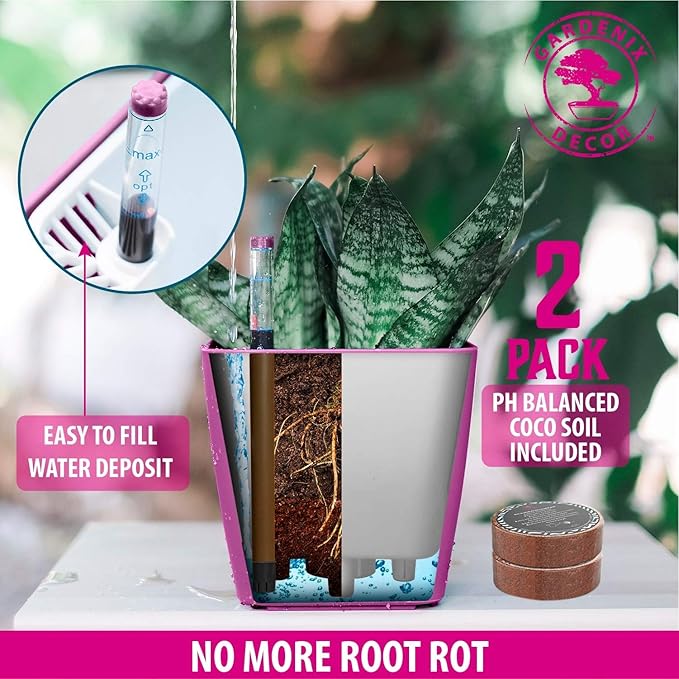GARDENIX DECOR 5" Self Watering pots for Indoor Plants - Flower Pot with Water Level Indicator for Plants, Grow Tracking Tool - Self Watering Planter Plant Pot – 2 Pack Purple
