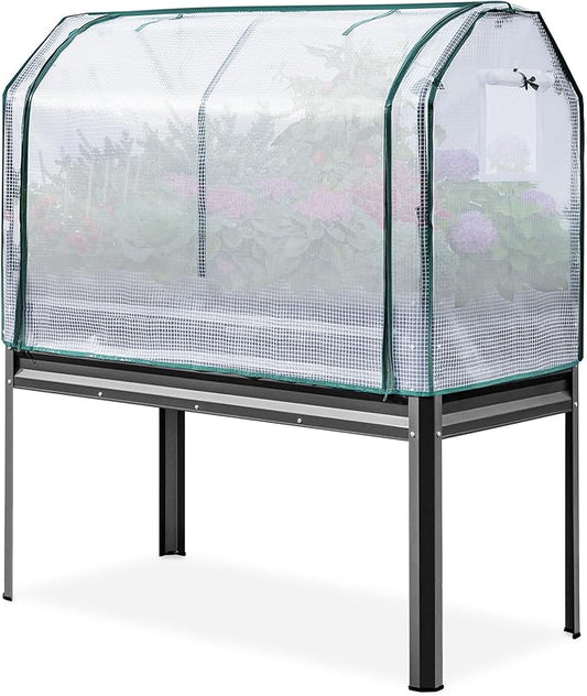 KING BIRD Large Raised Garden Bed with Cover Galvanized Elevated Planter Box with Legs 48×24×56 in for Backyard, Patio, Balcony, 400lb Capacity, Dark Grey