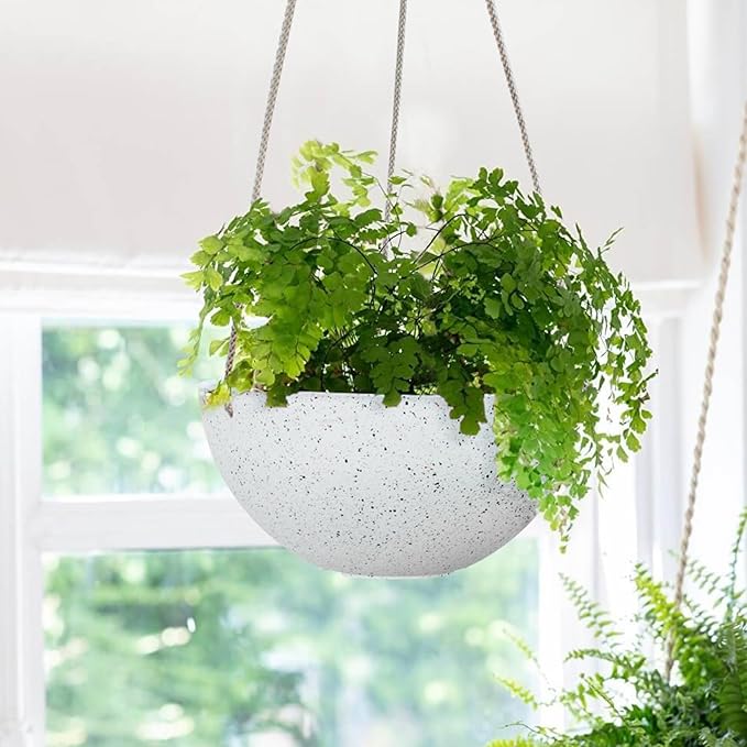 LA Jolie Muse Hanging Planters for Indoor Plants - Flower Pots Outdoor 9.84 inch Garden Planters and Pots,Speckled White Set of 2