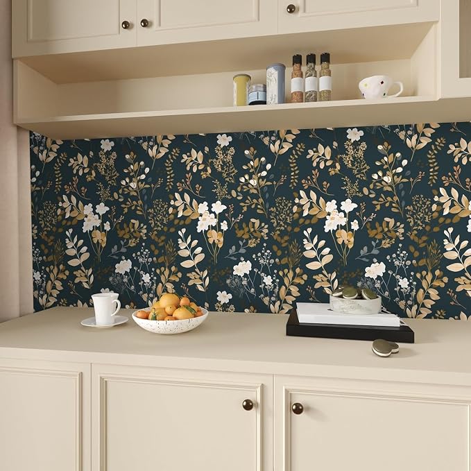 Laatse Navy Floral Wallpaper Peel and Stick Boho Wallpaper Vintage Blue/Gold - Image 4
