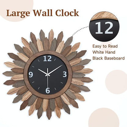 Honiway 16 Inch Wall Clocks, Rustic Wood Boho Sunburst Decorative Wall Clock - Image 6