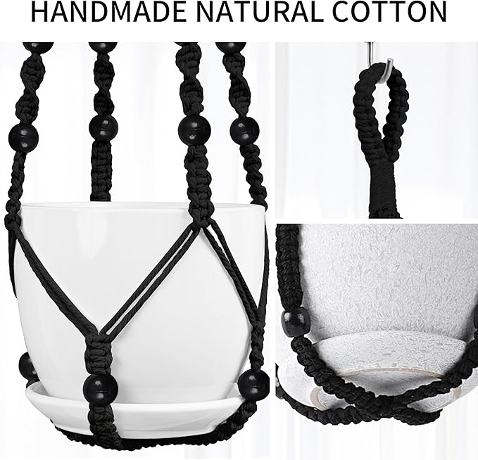 3 Pack Macrame Plant Hanger - 43"/35"/29" Different Sizes, Hanging Planter Basket Flower Pot Holder for Indoor Outdoor, with Wood Beads, Boho Home Decor, Black (POTS NOT Included)