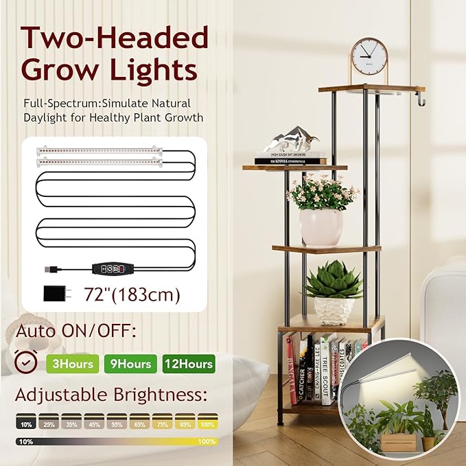 Plant Stand Indoor with Grow Light, 5-Tiered Tall Plant Stand Indoor, Metal Plant Shelf with Hanging Basket Hook and Adjustable Light, Ideal for Living Room, Garden, Patio,Brown and Black（2 pcs ）
