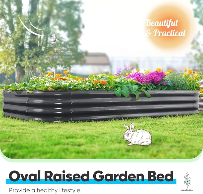 Quictent Galvanized Raised Garden Bed Kit, 8x4x1 ft Oval Metal Planter Box for Vegetables, Rubber Strip Edging Included (Dark Gray)