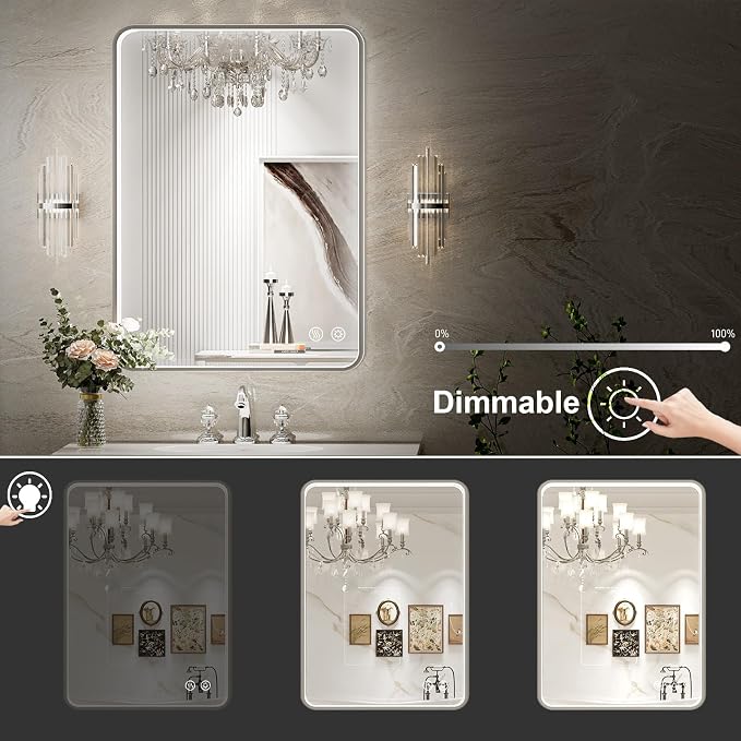 LED Bathroom Mirror with Lights, 20x28 Inch Brushed Silver Framed Lighted - Image 3
